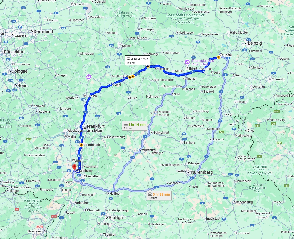 Anreise von Saale Zu Ludwigshafen am Rhein Über via A4 and A5