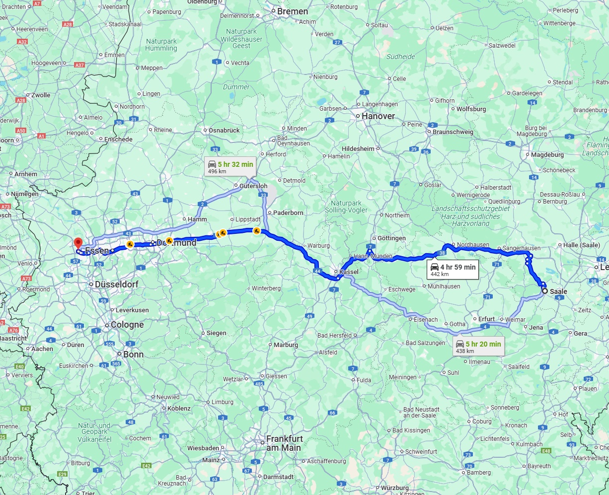 Anreise von Saale Zu Moers Über via A38 and A44