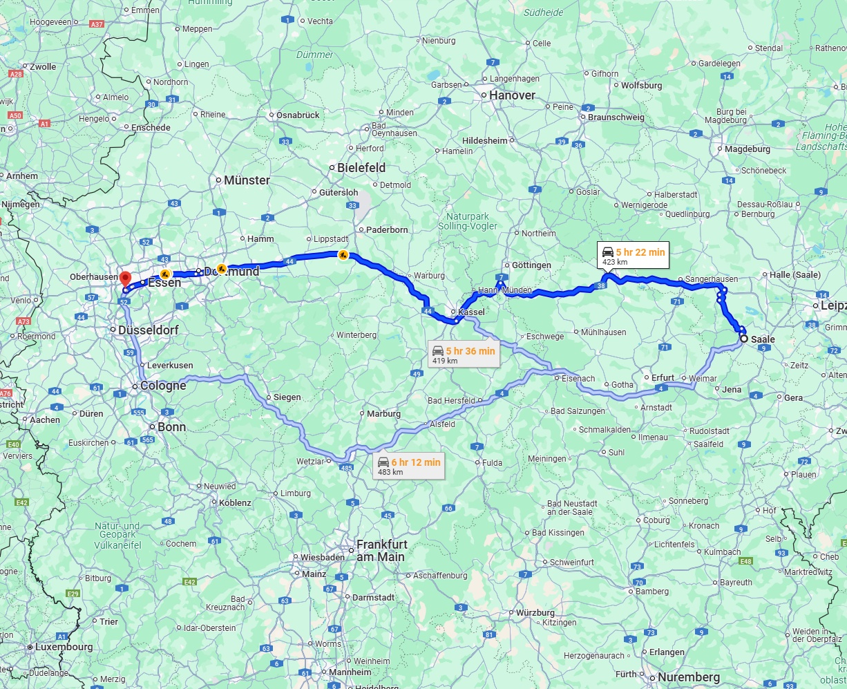 Anreise von Saale Zu Mülheim an der Ruhr Über via A38 and A44