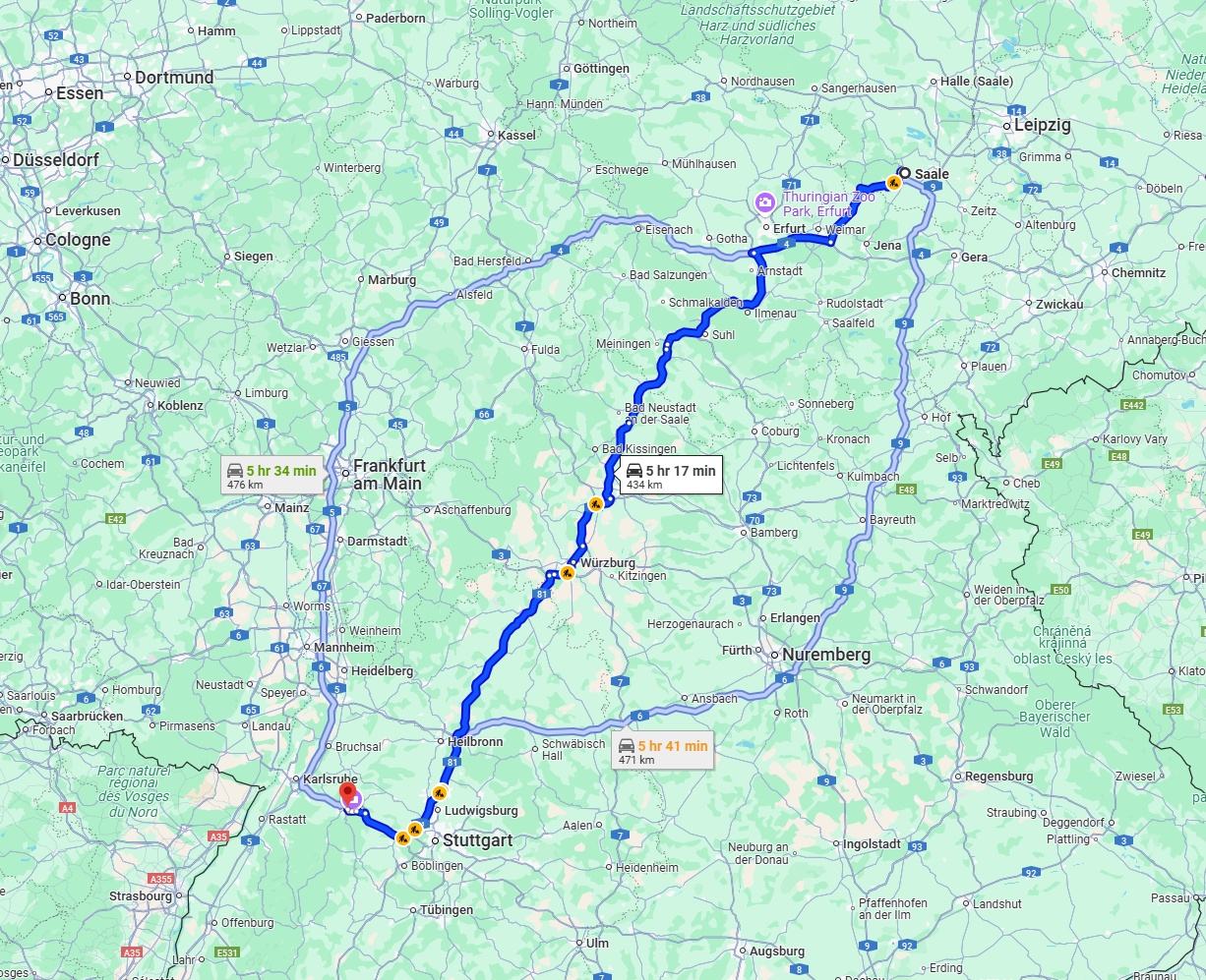 Anreise von Saale Zu Pforzheim Über via A71 and A81