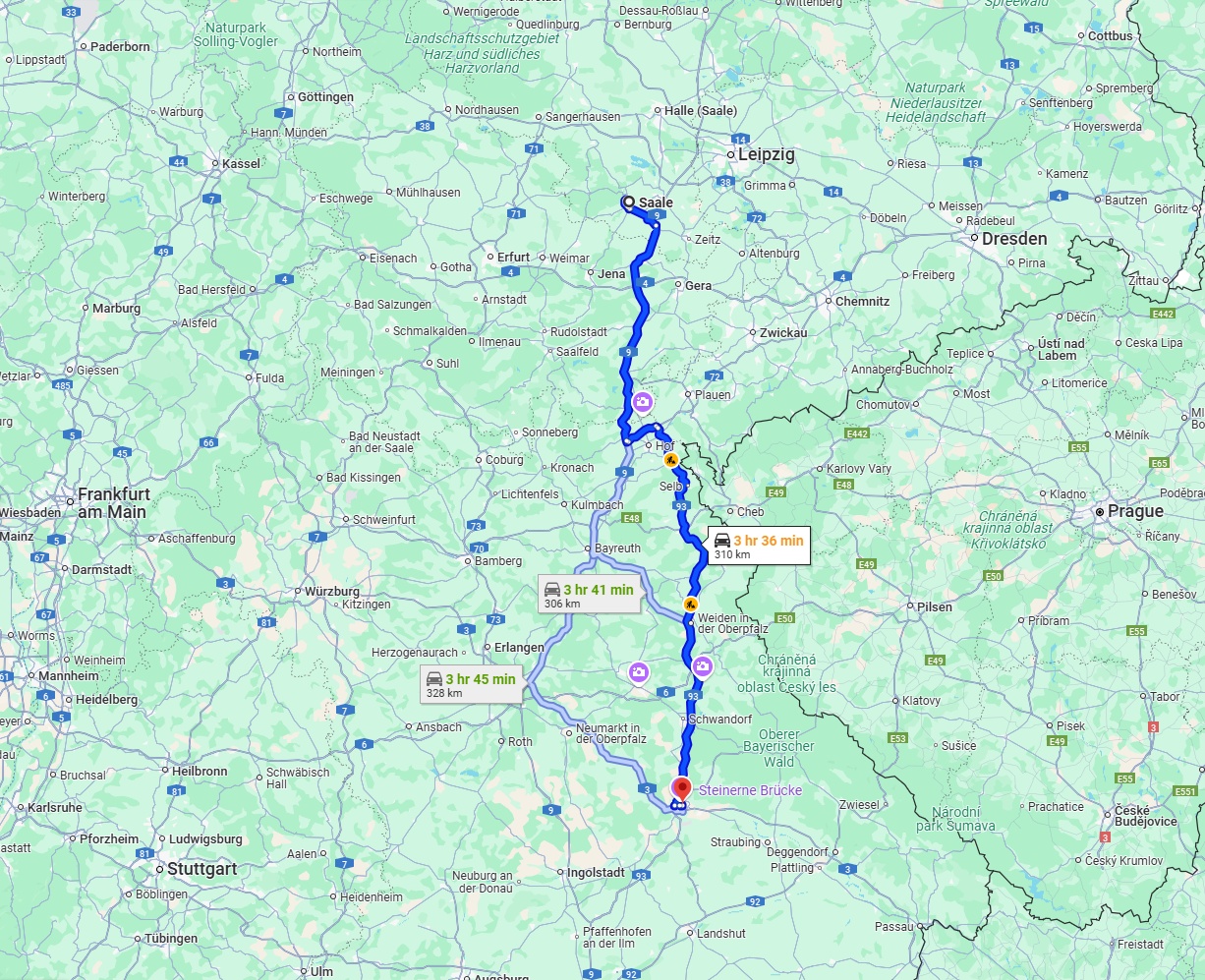 Anreise von Saale Zu Regensburg Über via A9 and A93