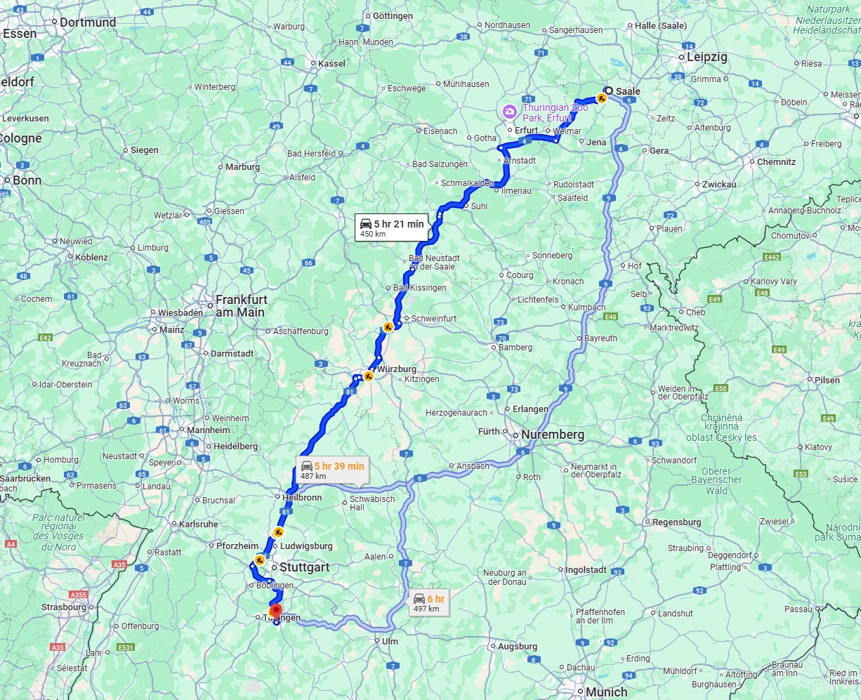 Anreise von Saale Zu Reutlingen Über via A71 and A81