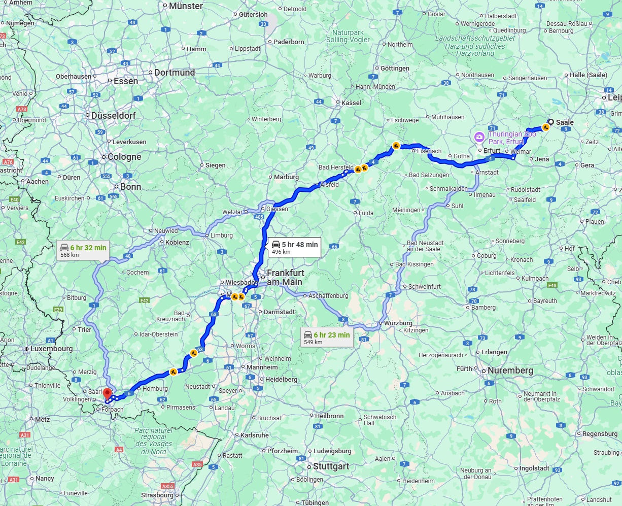 Anreise von Saale Zu Saarbrücken Über via A4 and A5