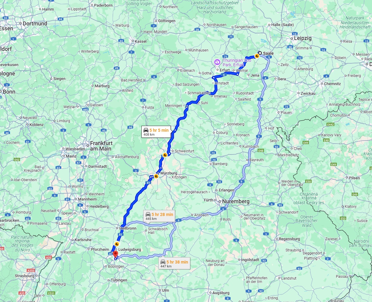 Anreise von Saale Zu Stuttgart Über via A71 and A81