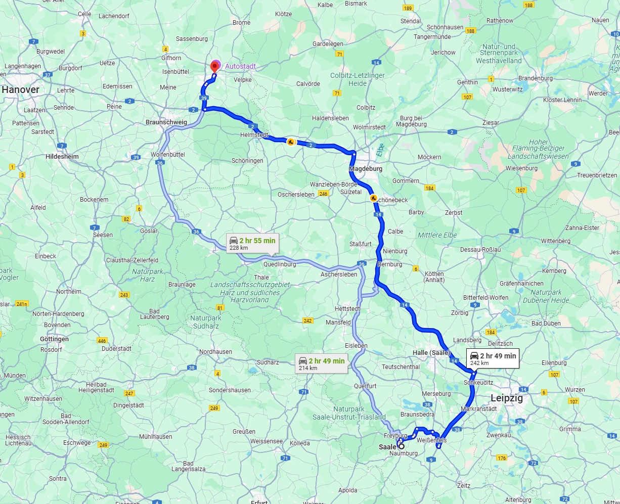 Anreise von Saale Zu Wolfsburg Über via A14