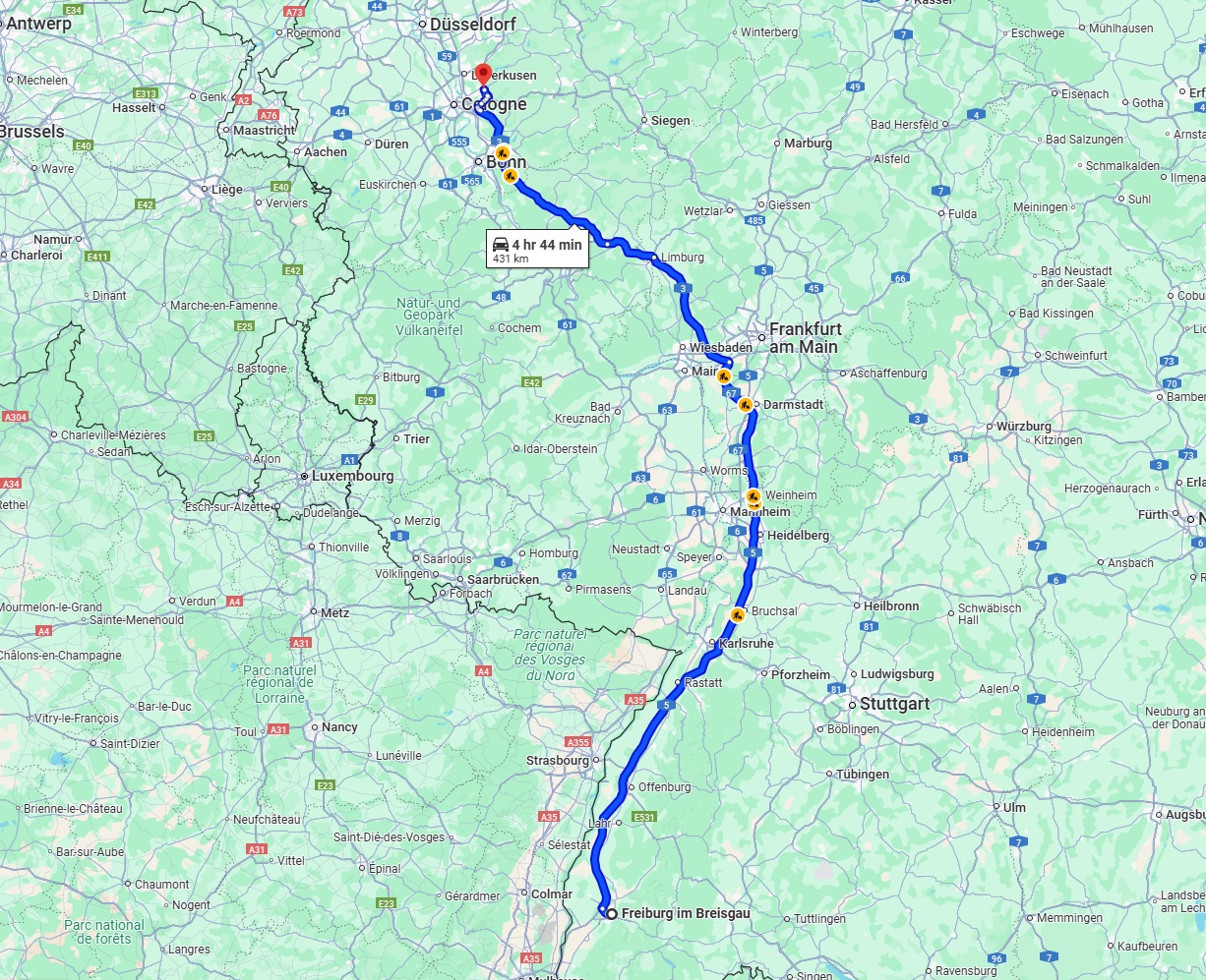 Anreise von Freiburg im Breisgau Zu Bergisch Gladbach Über via A5 and A3
