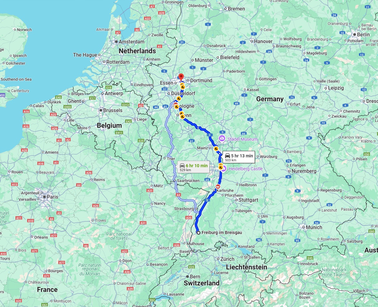 Anreise von Freiburg im Breisgau Zu Bochum Über via A5 and A3