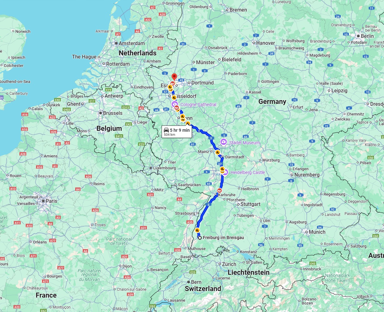 Anreise von Freiburg im Breisgau Zu Bottrop Über via A5 and A3