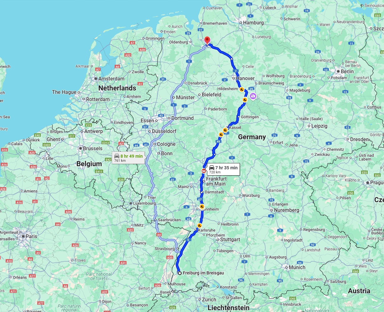 Anreise von Freiburg im Breisgau Zu Bremen Über via A5 and A7
