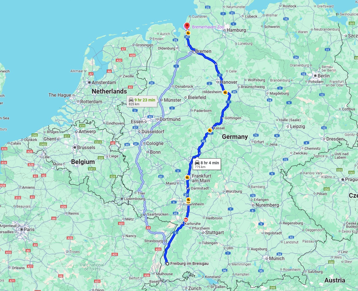 Anreise von Freiburg im Breisgau Zu Bremerhaven Über via A5 and A7