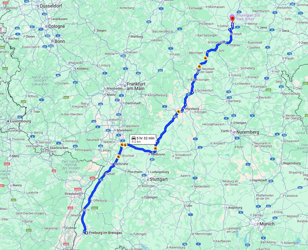 Anreise von Freiburg im Breisgau Zu Erfurt Über via A5 and A71