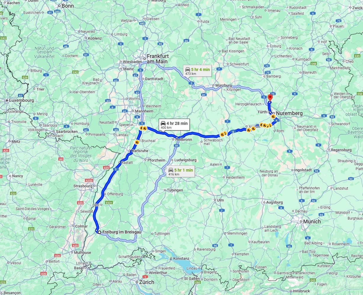 Anreise von Freiburg im Breisgau Zu Erlangen Über via A5 and A6
