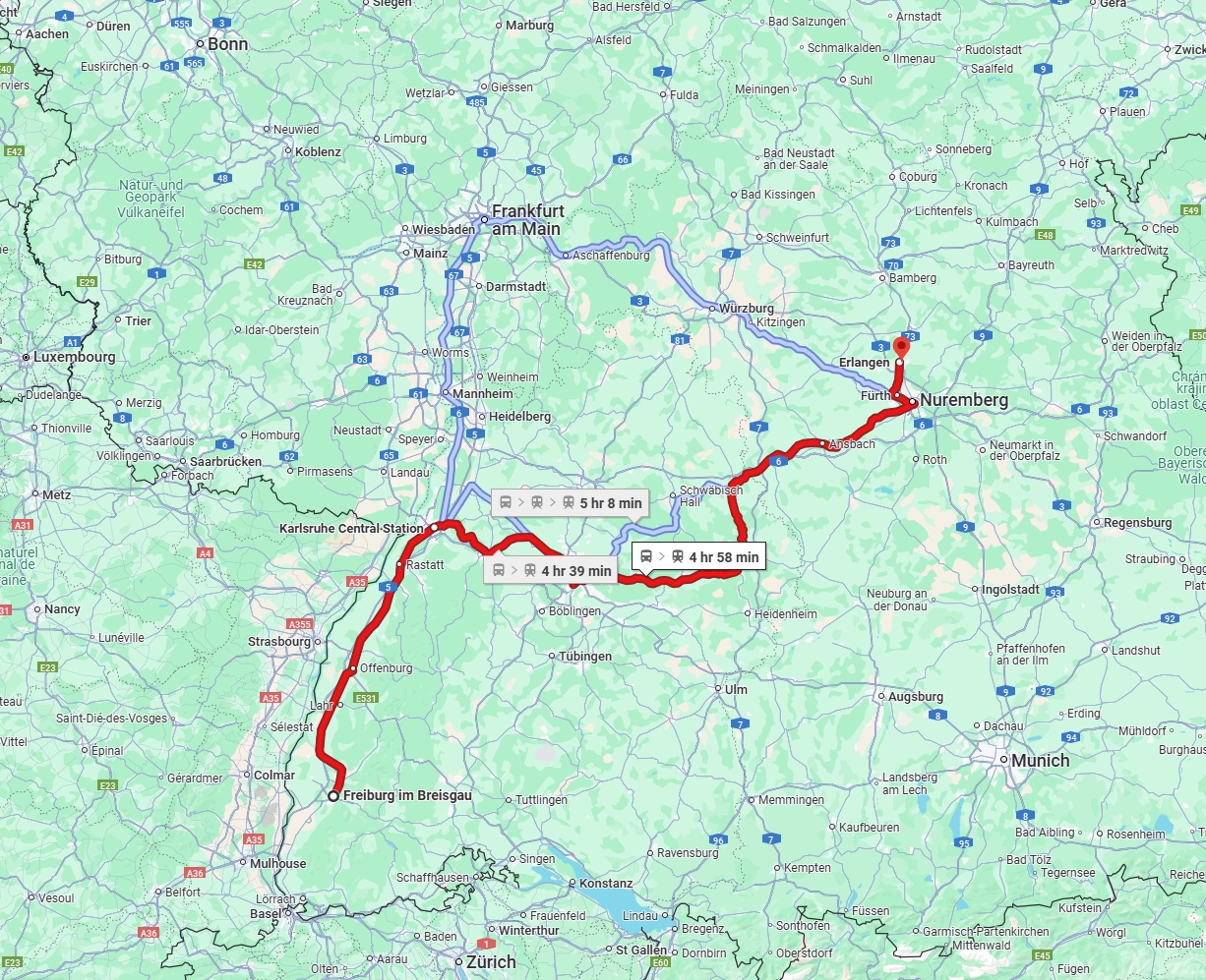 Anreise von Freiburg im Breisgau Zu Erlangen Über 