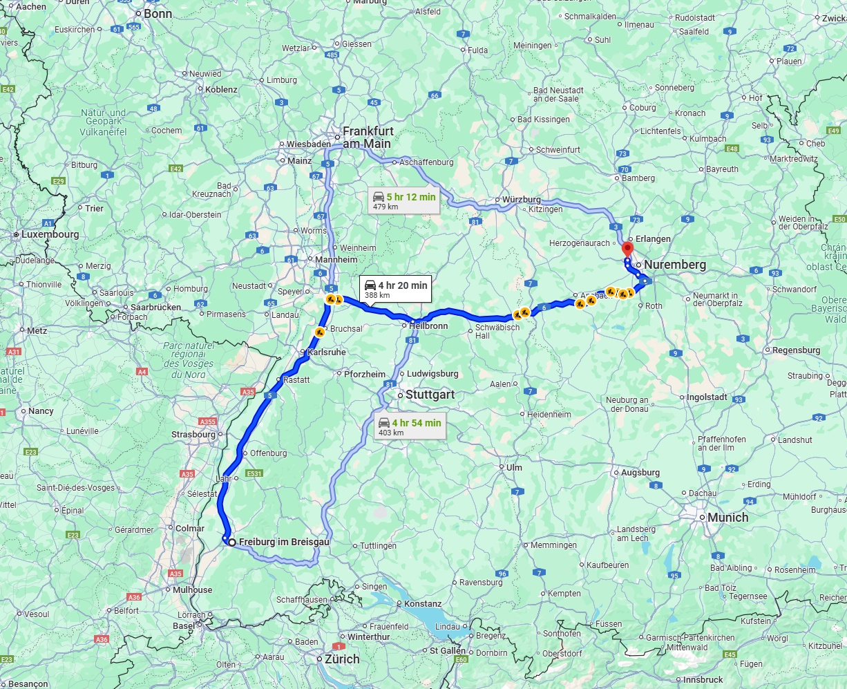 Anreise von Freiburg im Breisgau Zu Fürth Über via A5 and A6