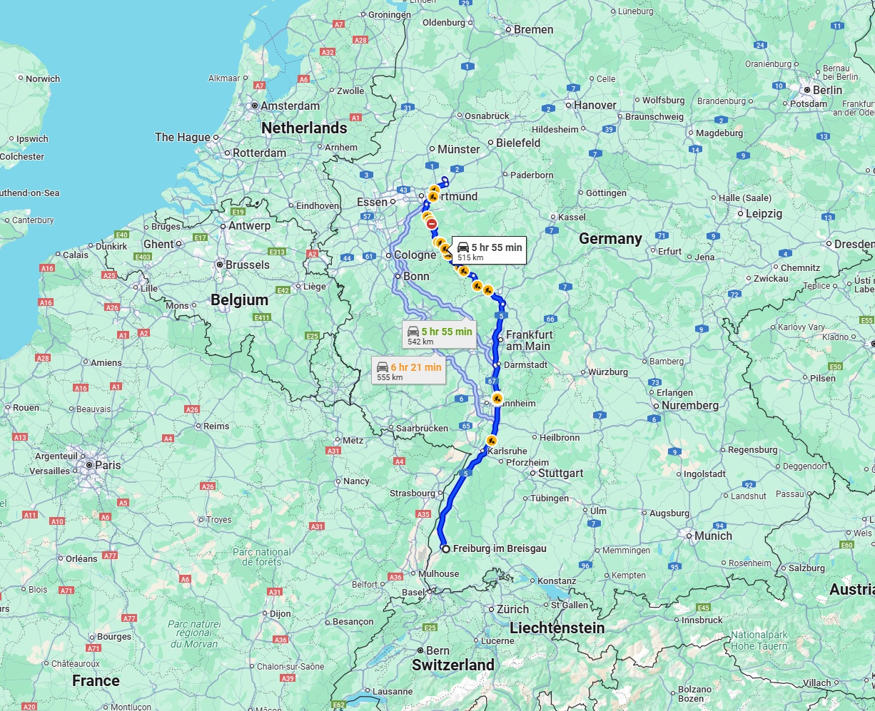 Anreise von Freiburg im Breisgau Zu Hamm Über via A5 and A45
