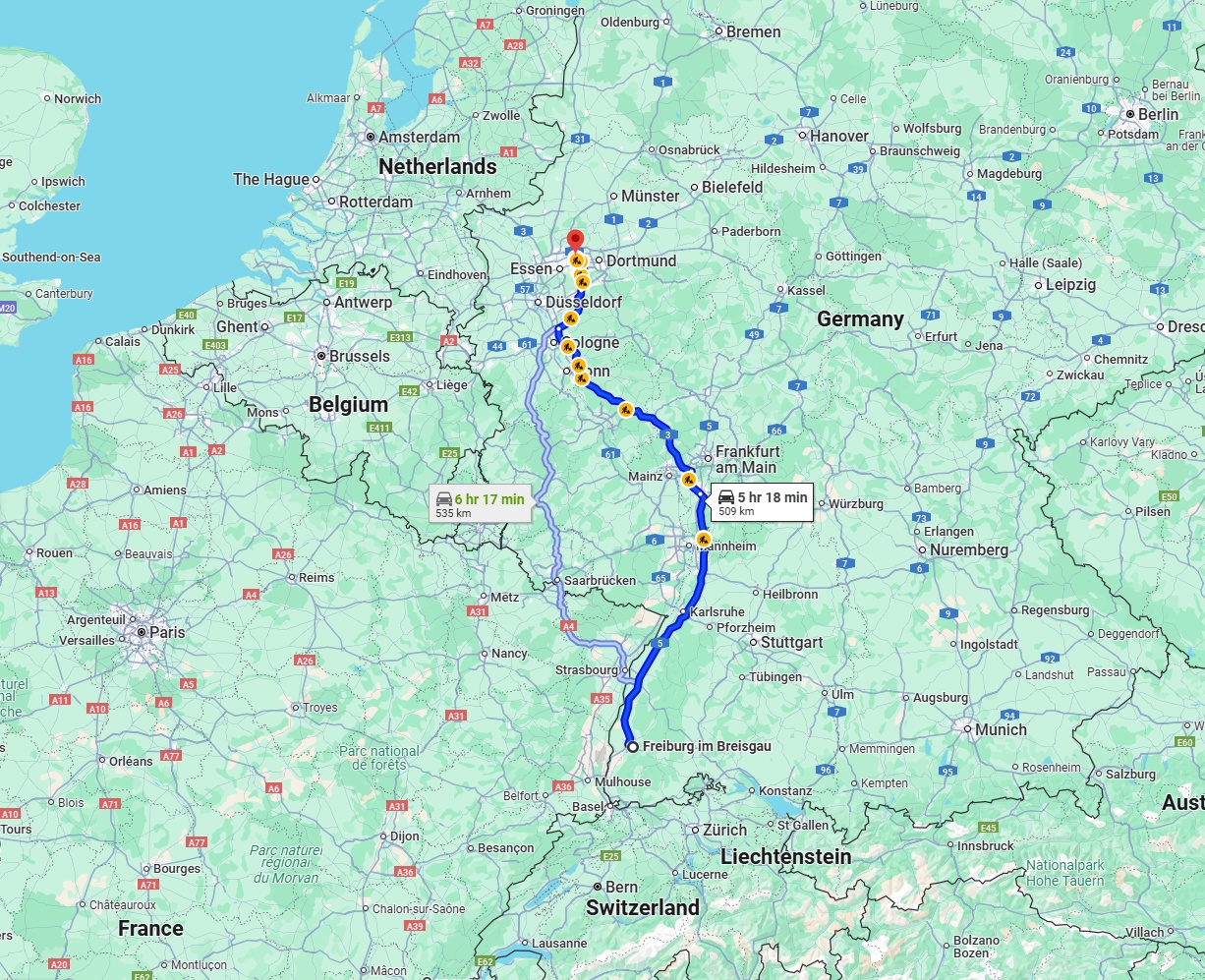 Anreise von Freiburg im Breisgau Zu Herne Über via A5 and A3