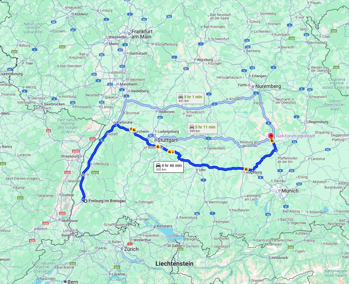 Anreise von Freiburg im Breisgau Zu Ingolstadt Über via A5 and A8