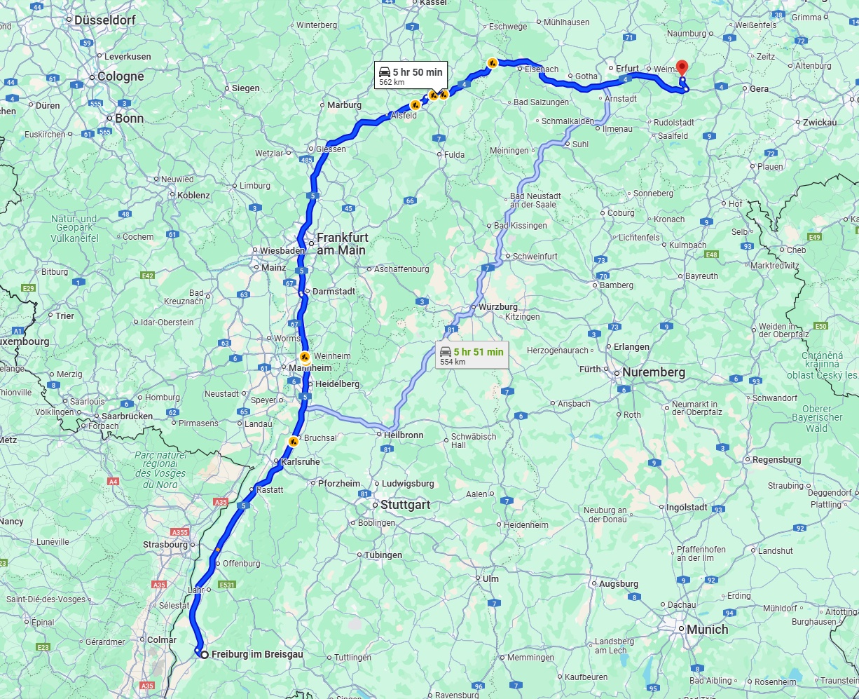 Anreise von Freiburg im Breisgau Zu Jena Über via A5 and A4