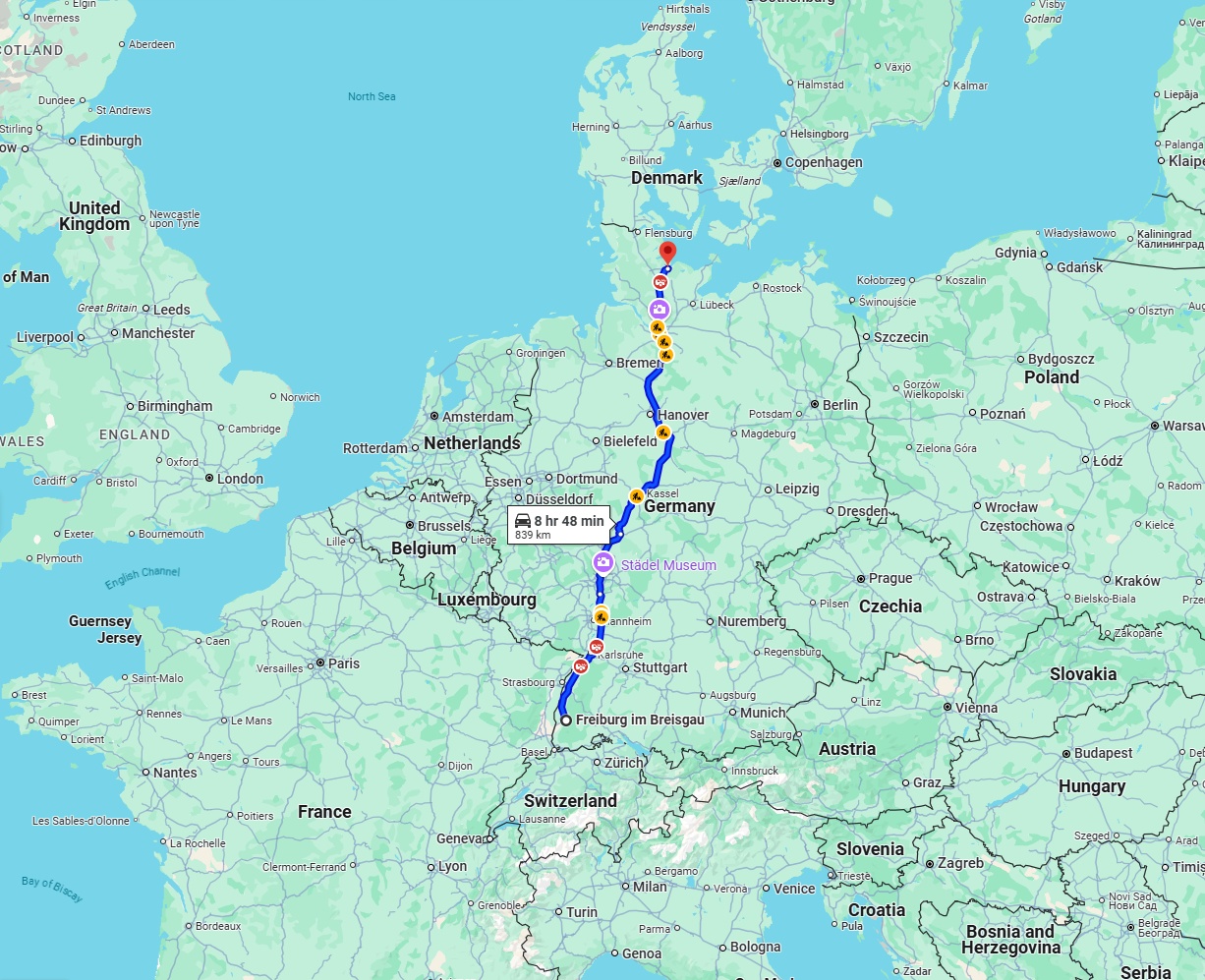 Anreise von Freiburg im Breisgau Zu Kiel Über via A5 and A7