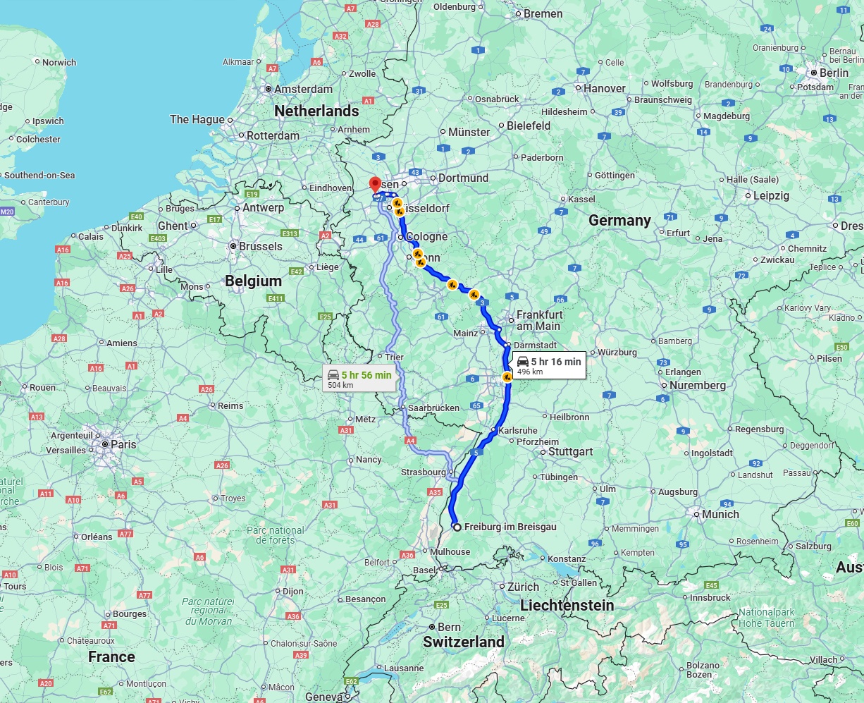 Anreise von Freiburg im Breisgau Zu Krefeld Über via A5 and A3