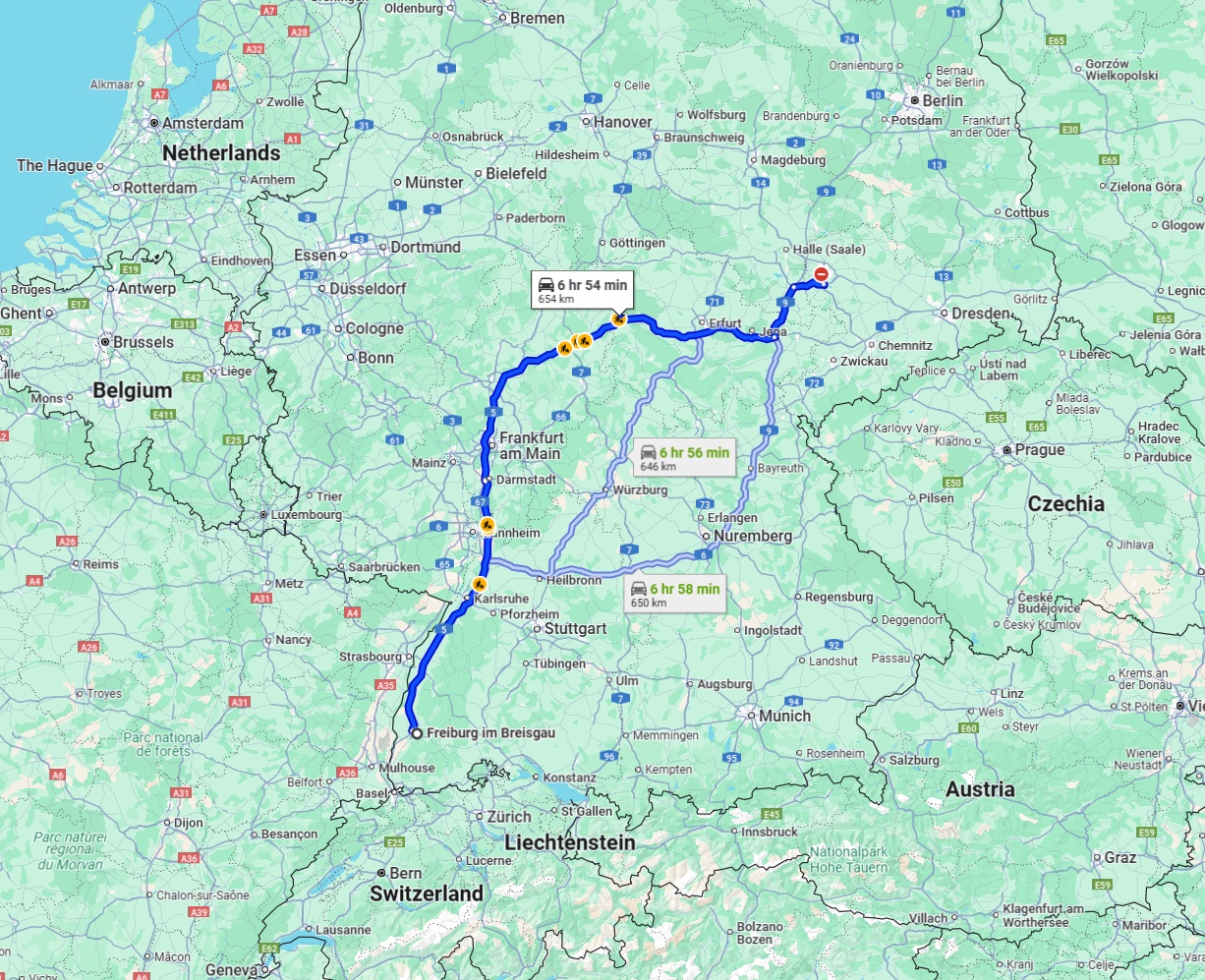 Anreise von Freiburg im Breisgau Zu Leipzig Über via A5 and A4