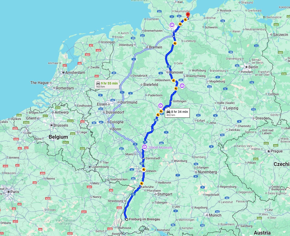 Anreise von Freiburg im Breisgau Zu Lübeck Über via A5 and A7