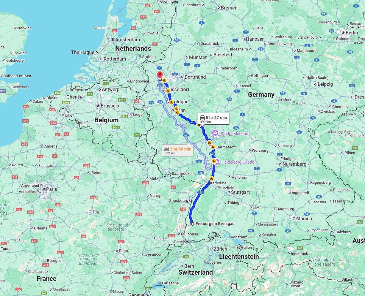 Anreise von Freiburg im Breisgau Zu Moers Über via A5 and A3