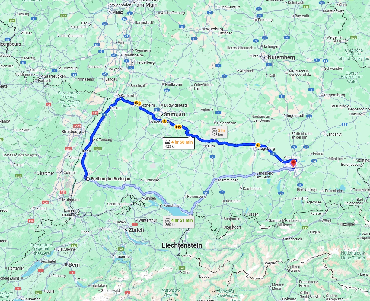 Anreise von Freiburg im Breisgau Zu München Über via A5 and A8