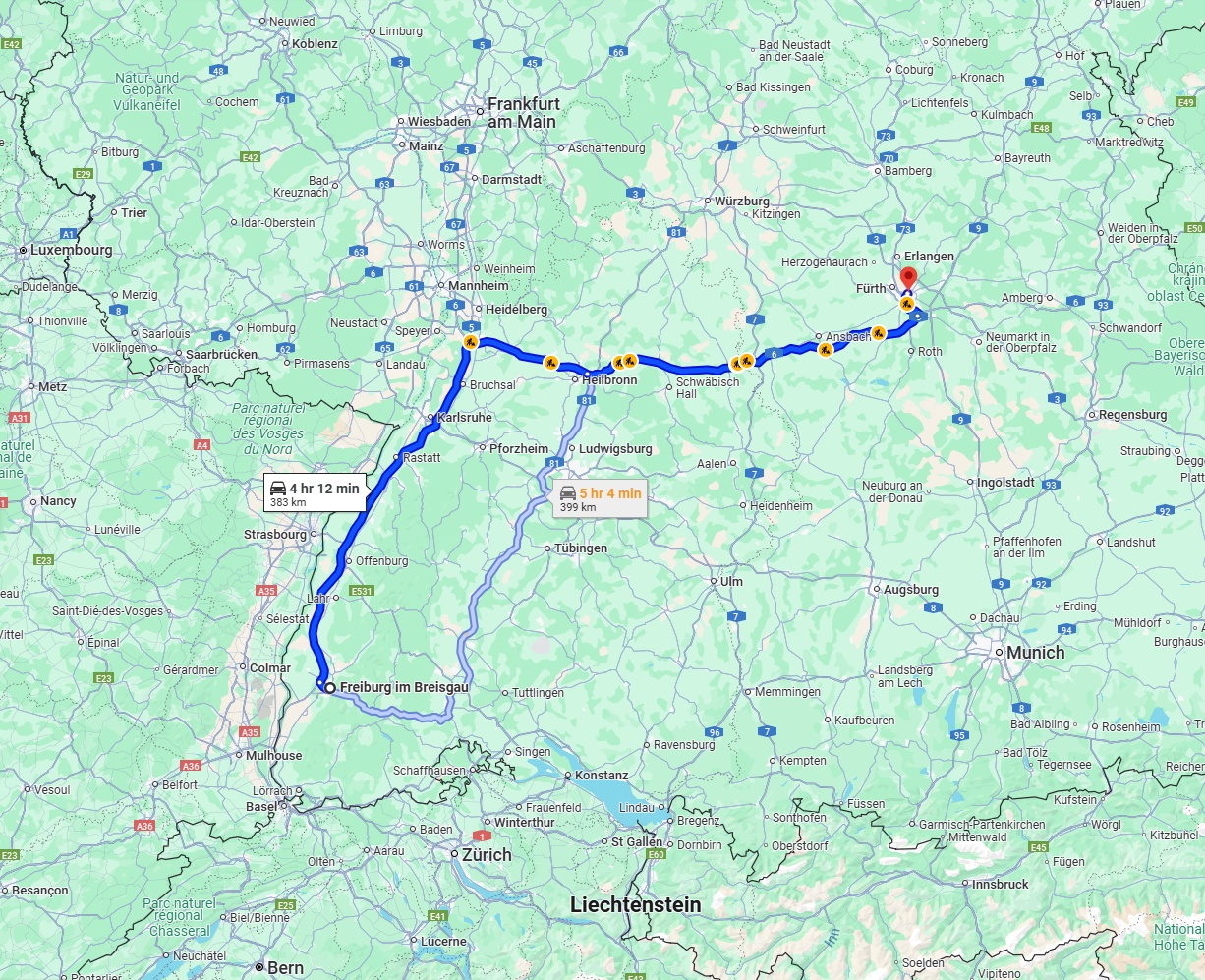 Anreise von Freiburg im Breisgau Zu Nürnberg Über via A5 and A6