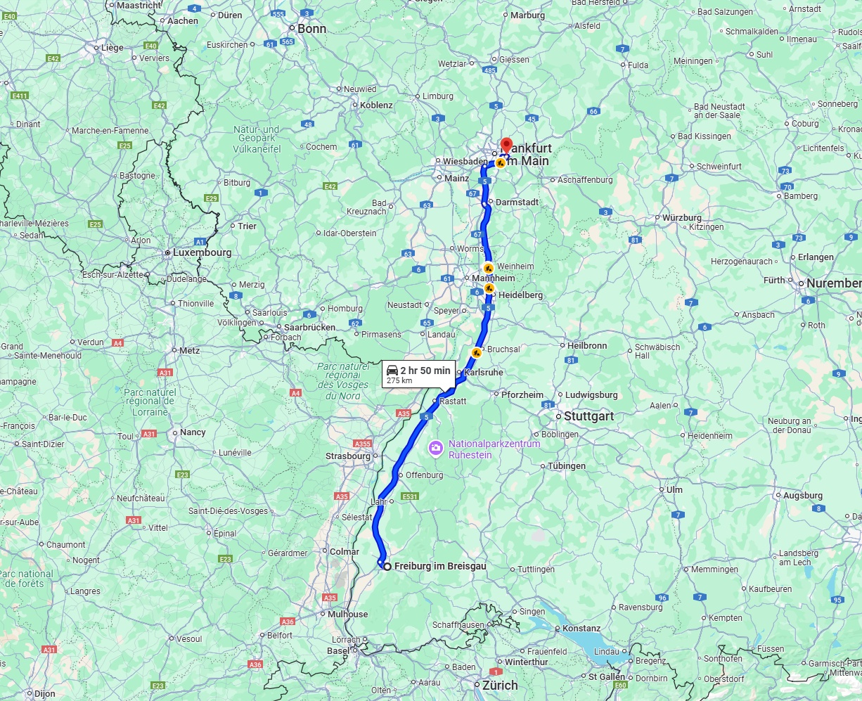 Anreise von Freiburg im Breisgau Zu Offenbach am Main Über via A5