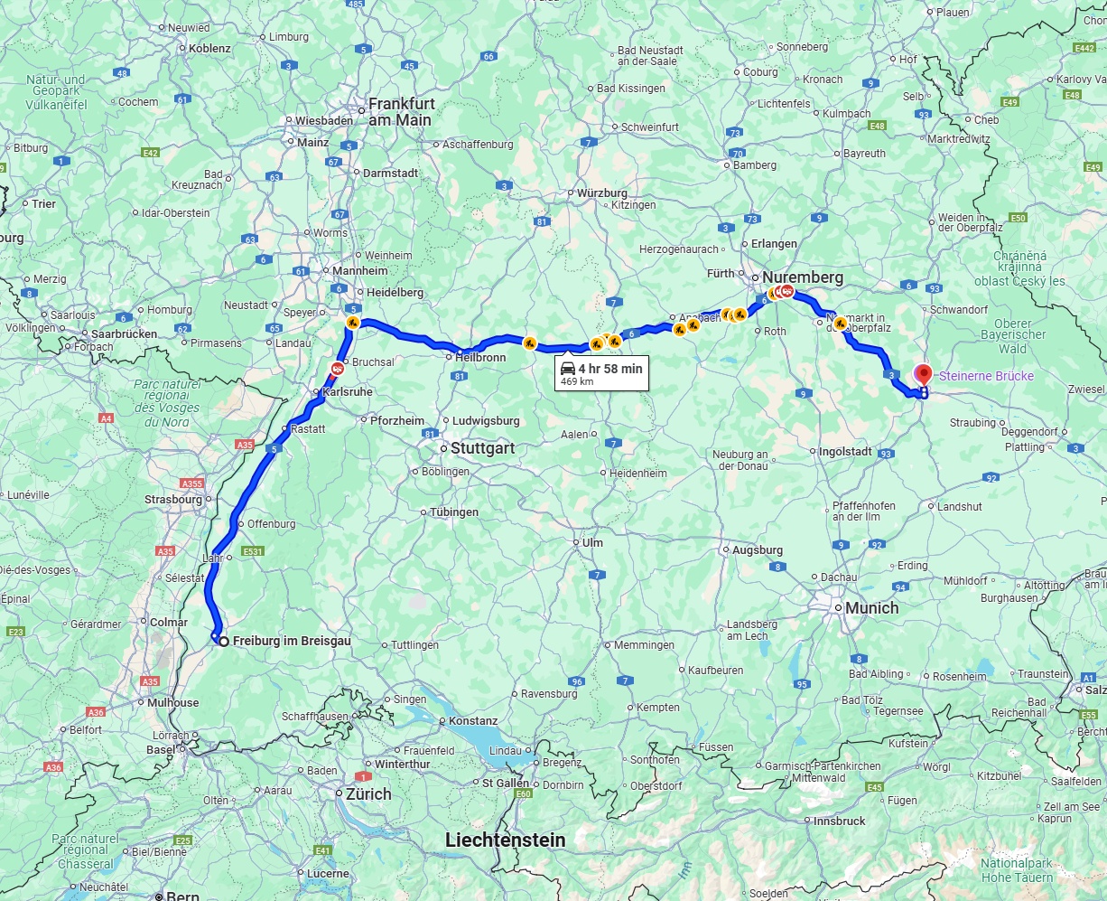 Anreise von Freiburg im Breisgau Zu Regensburg Über via A5 and A6
