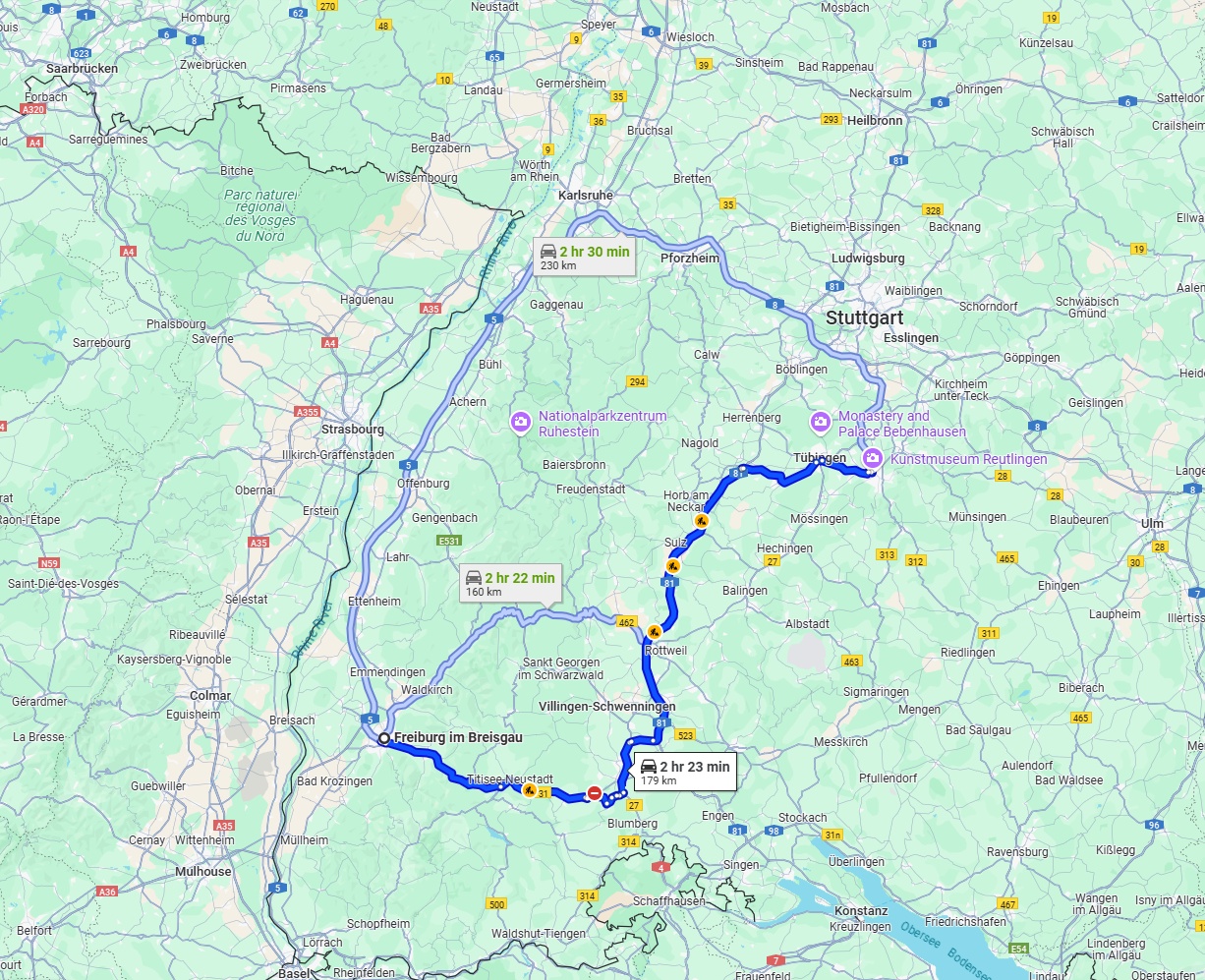 Anreise von Freiburg im Breisgau Zu Reutlingen Über via B31 and A81