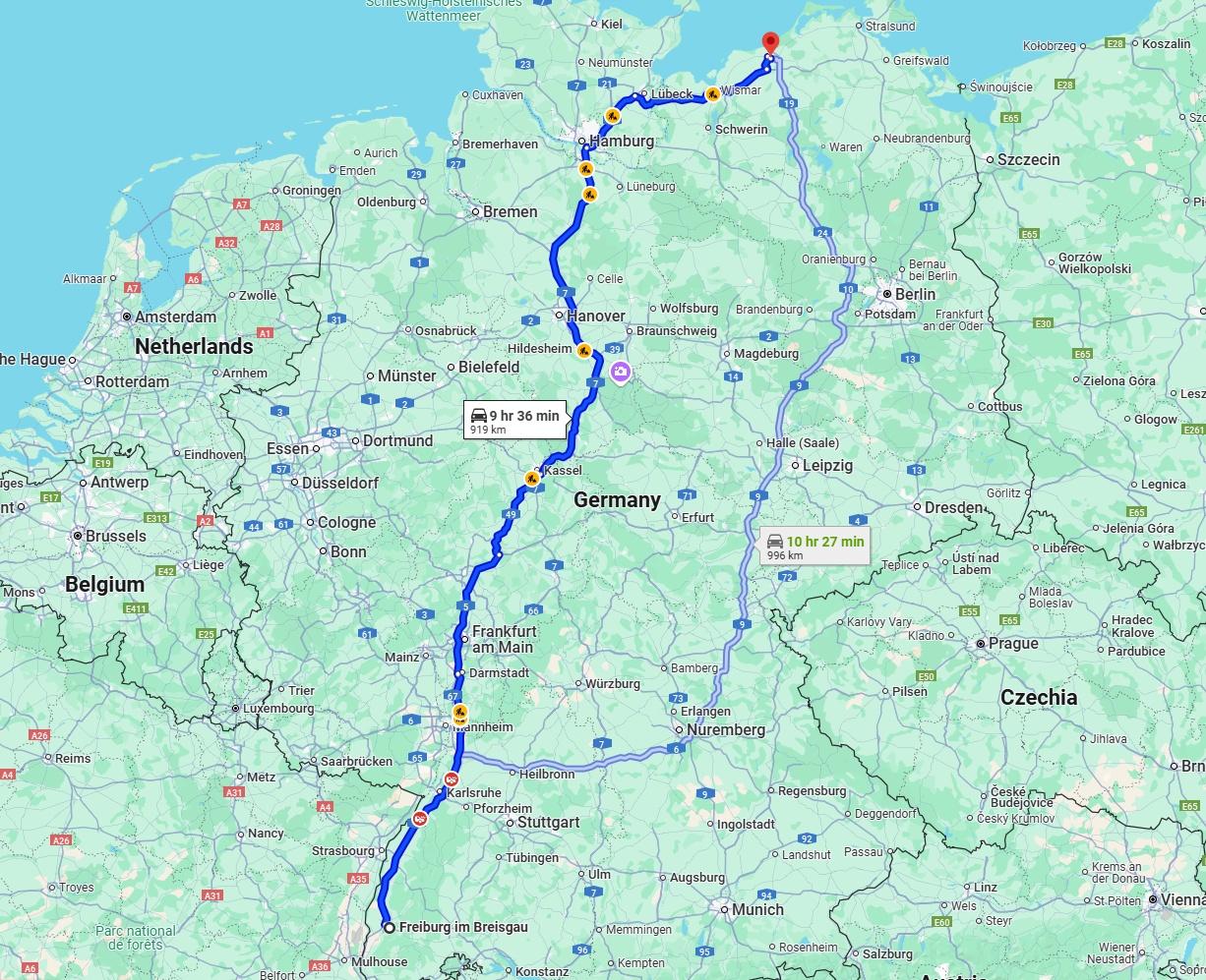 Anreise von Freiburg im Breisgau Zu Rostock Über via A5 and A7