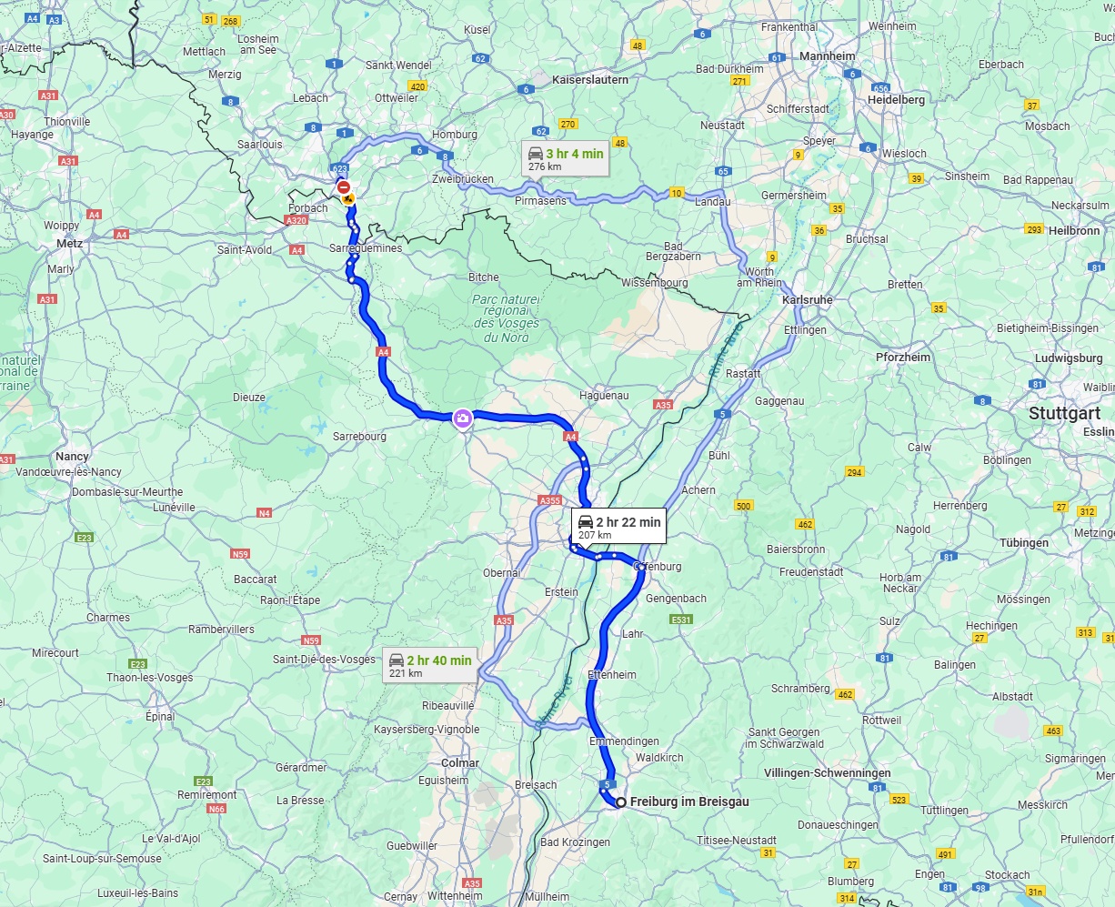 Anreise von Freiburg im Breisgau Zu Saarbrücken Über via A5 and A4