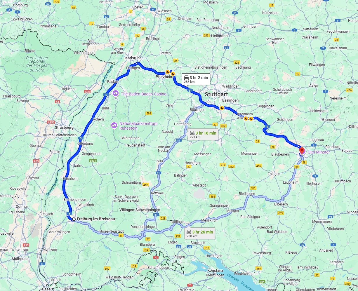Anreise von Freiburg im Breisgau Zu Ulm Über via A5 and A8