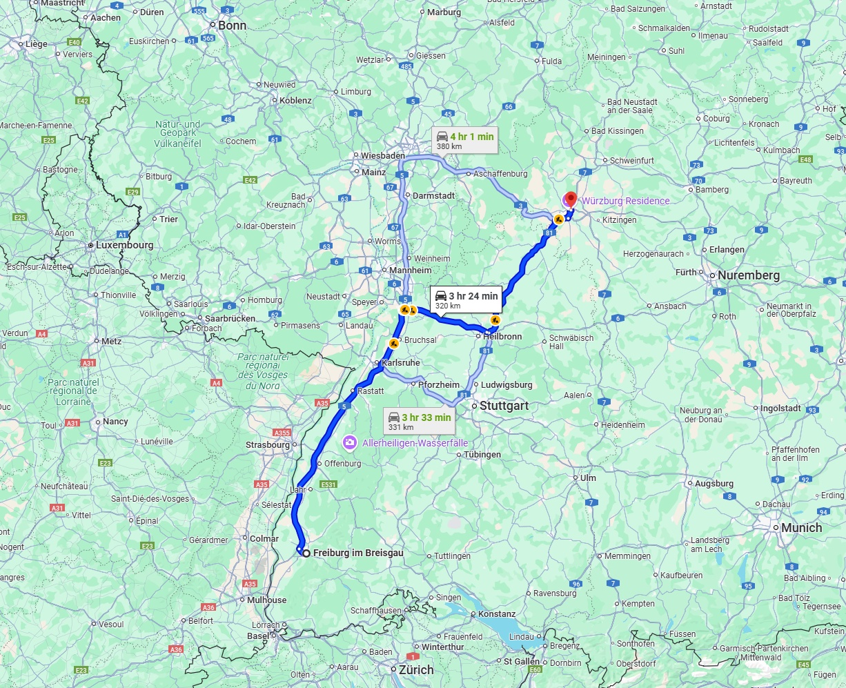 Anreise von Freiburg im Breisgau Zu Würzburg Über via A5 and A81