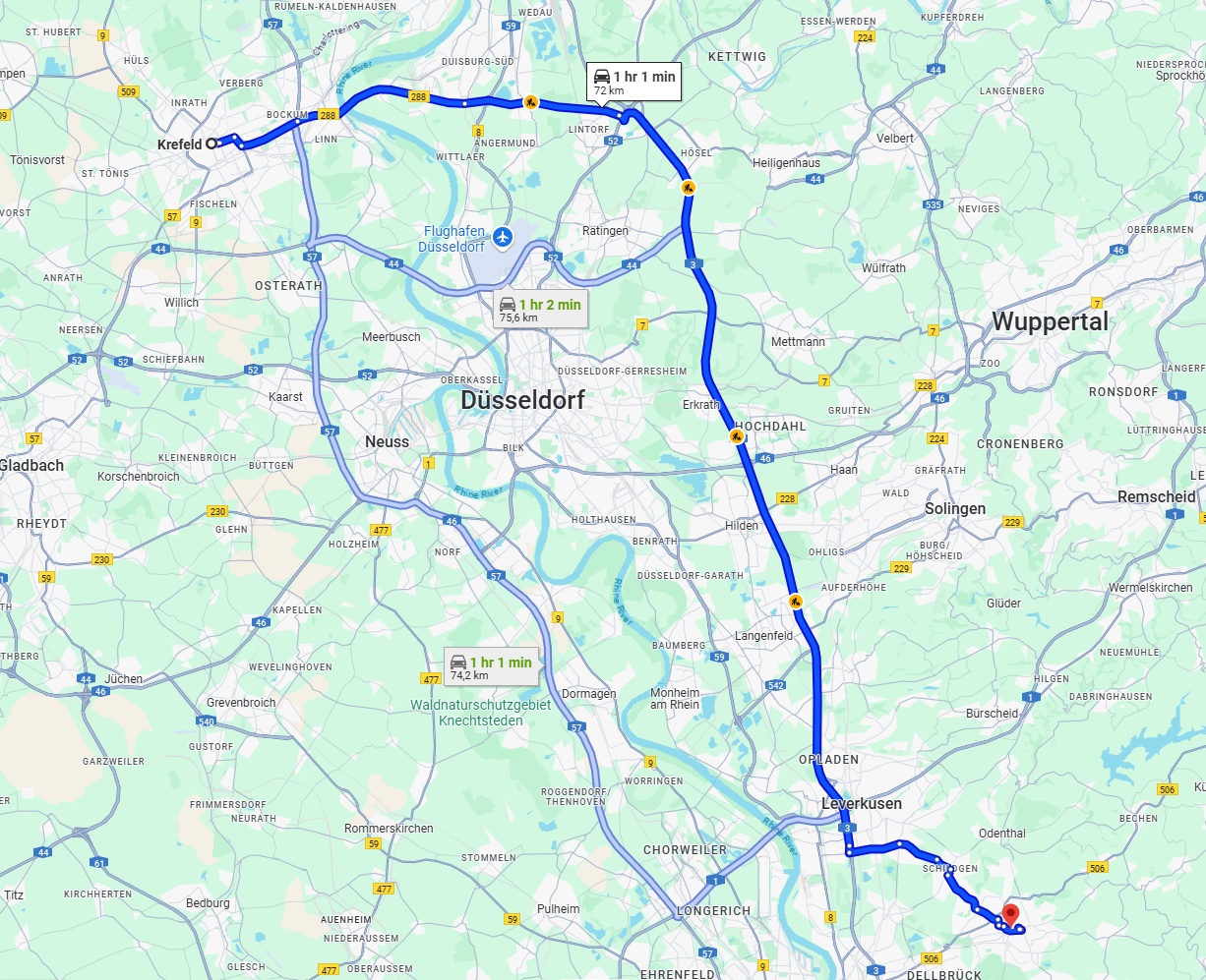 Anreise von Krefeld Zu Bergisch Gladbach Über via A3