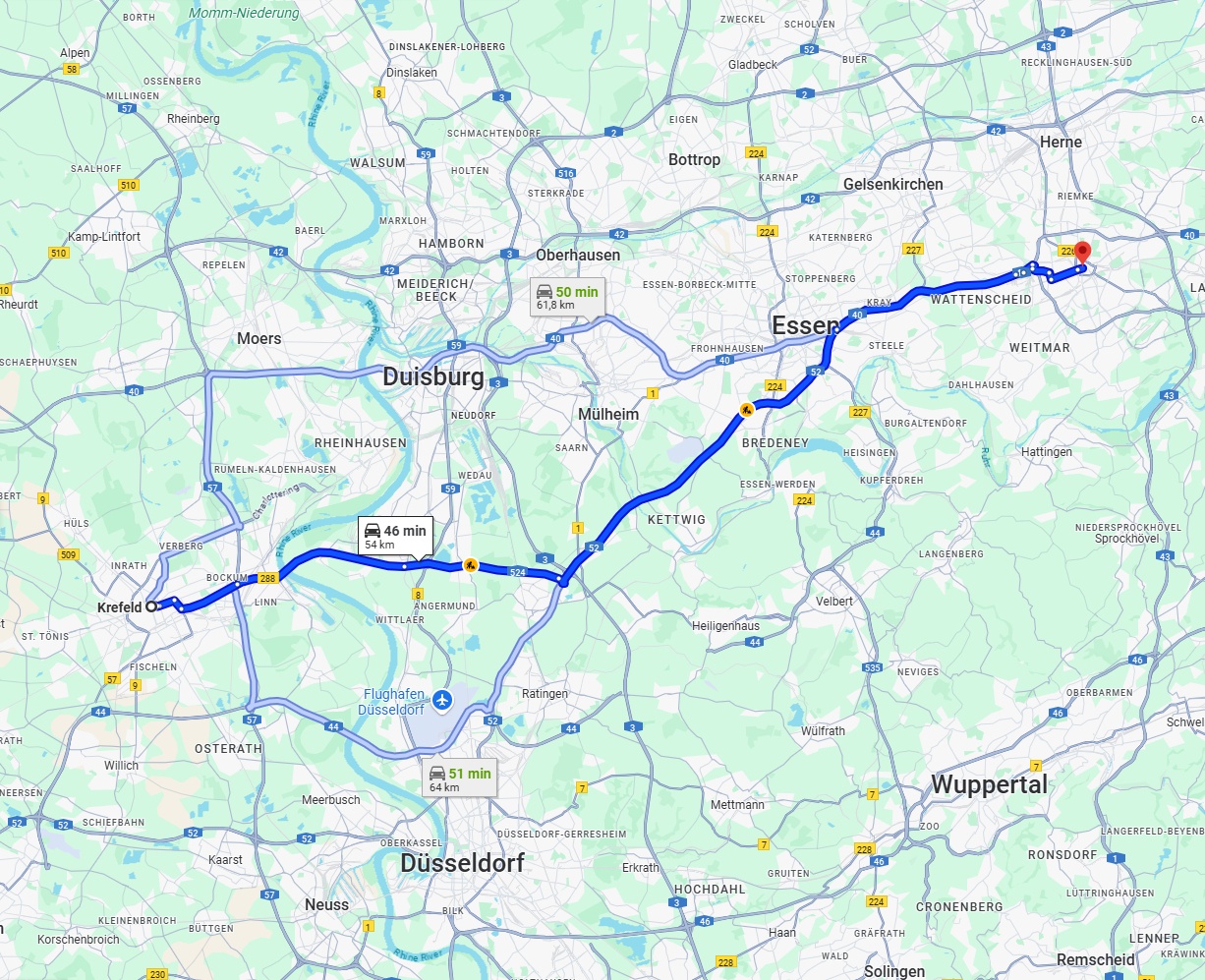 Anreise von Krefeld Zu Bochum Über via A52