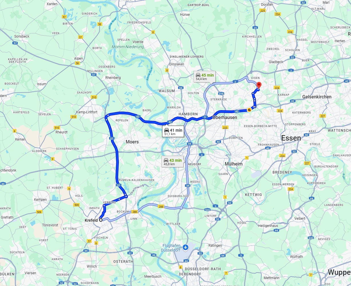 Anreise von Krefeld Zu Bottrop Über via A57 and A42