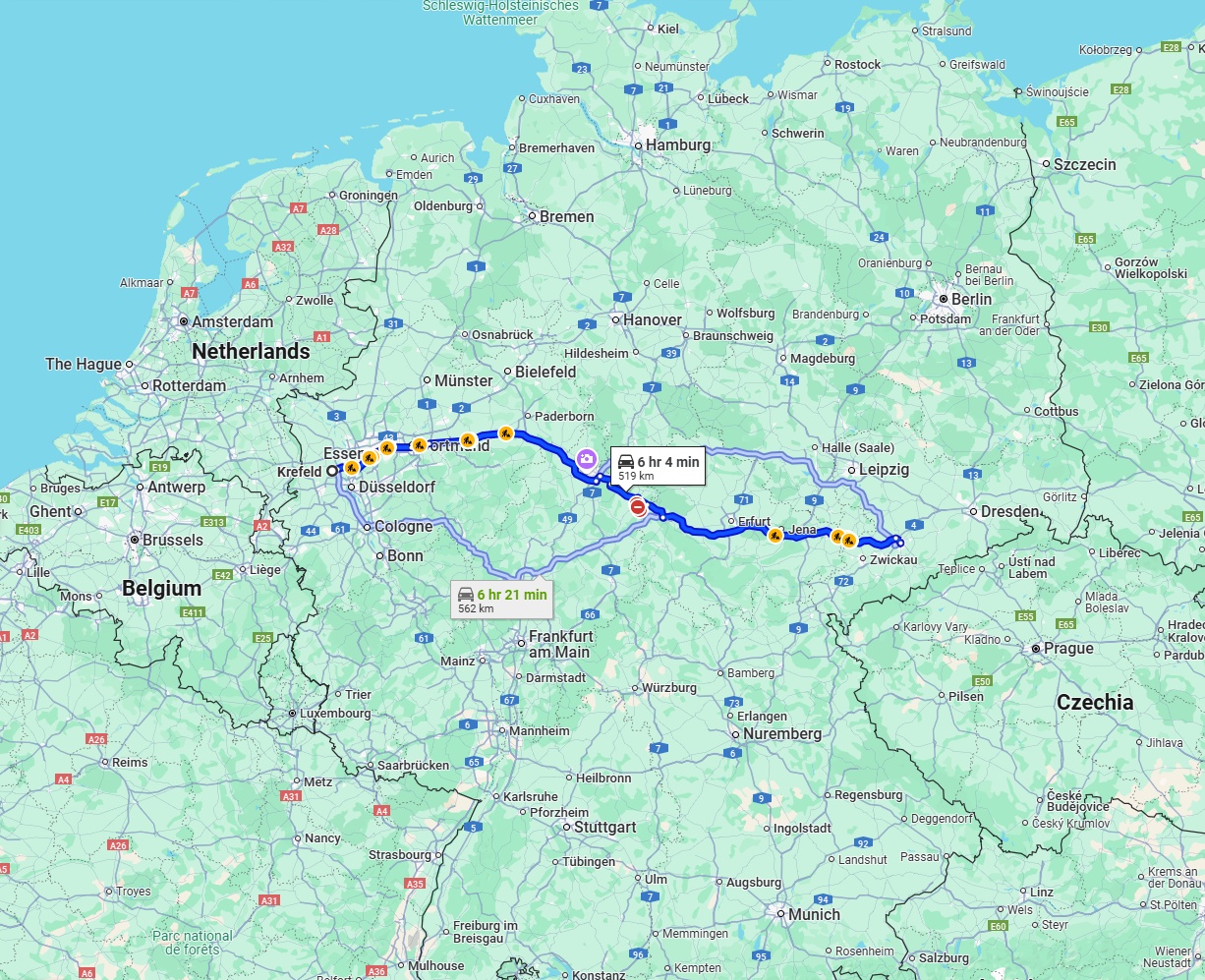 Anreise von Krefeld Zu Chemnitz Über via A44 and A4