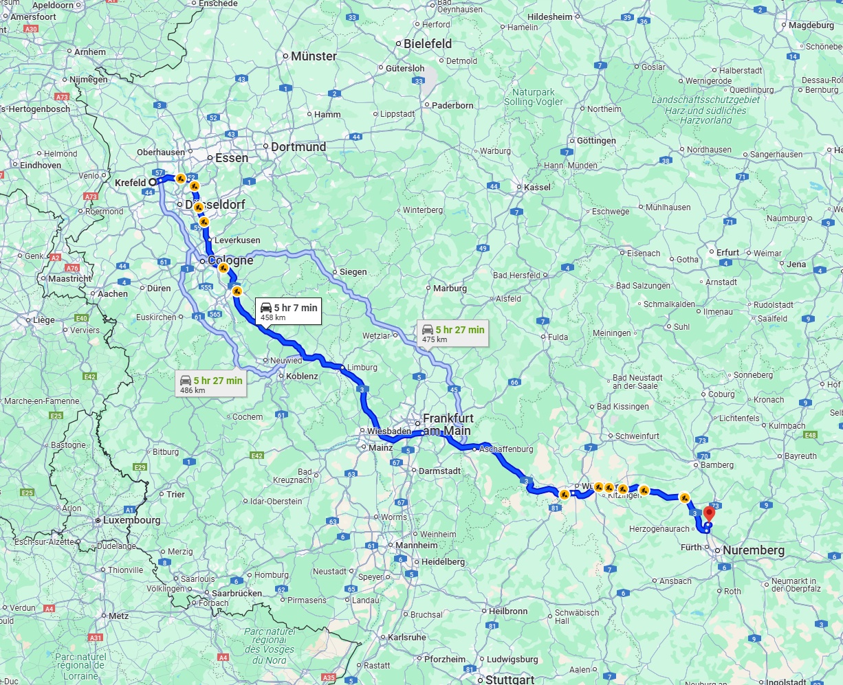 Anreise von Krefeld Zu Erlangen Über via A3