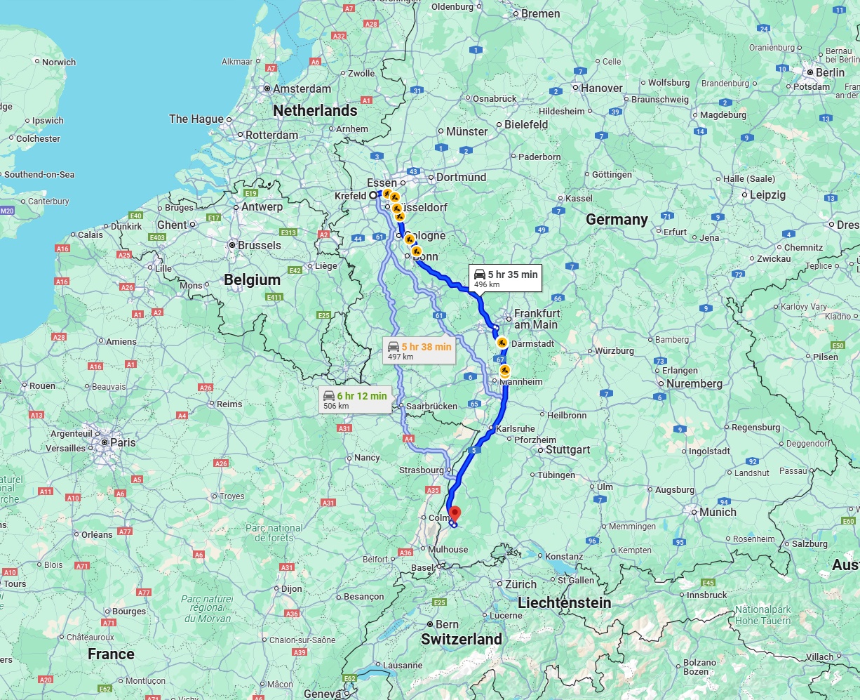 Anreise von Krefeld Zu Freiburg im Breisgau Über via A3 and A5