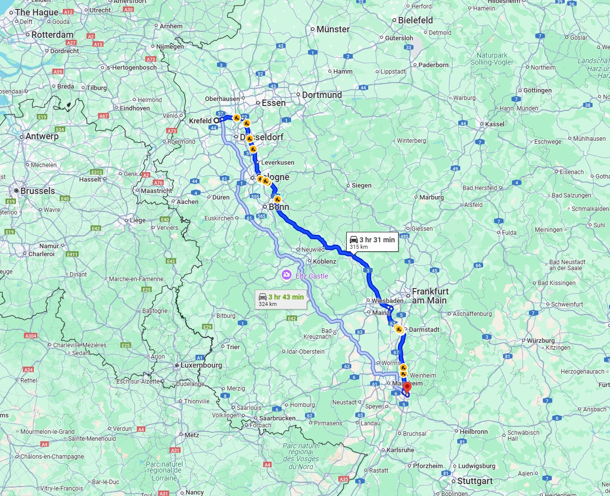 Anreise von Krefeld Zu Heidelberg Über via A3