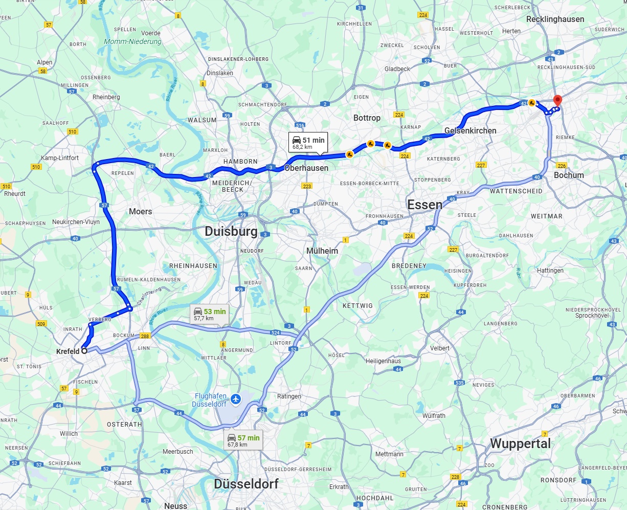 Anreise von Krefeld Zu Herne Über via A42