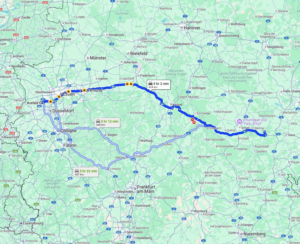 Anreise von Krefeld Zu Jena Über via A44 and A4