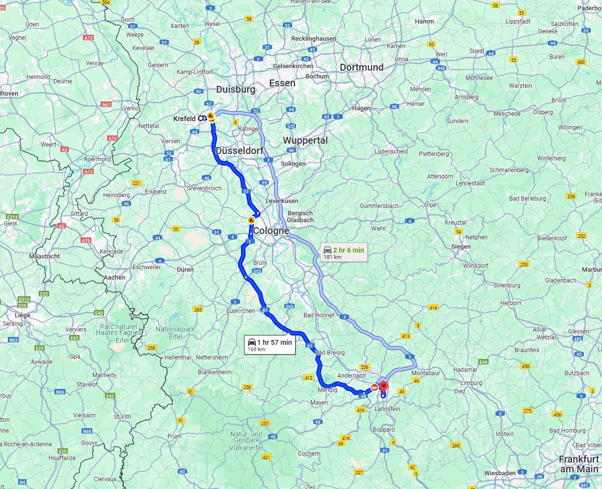 Anreise von Krefeld Zu Koblenz Über via A57 and A61
