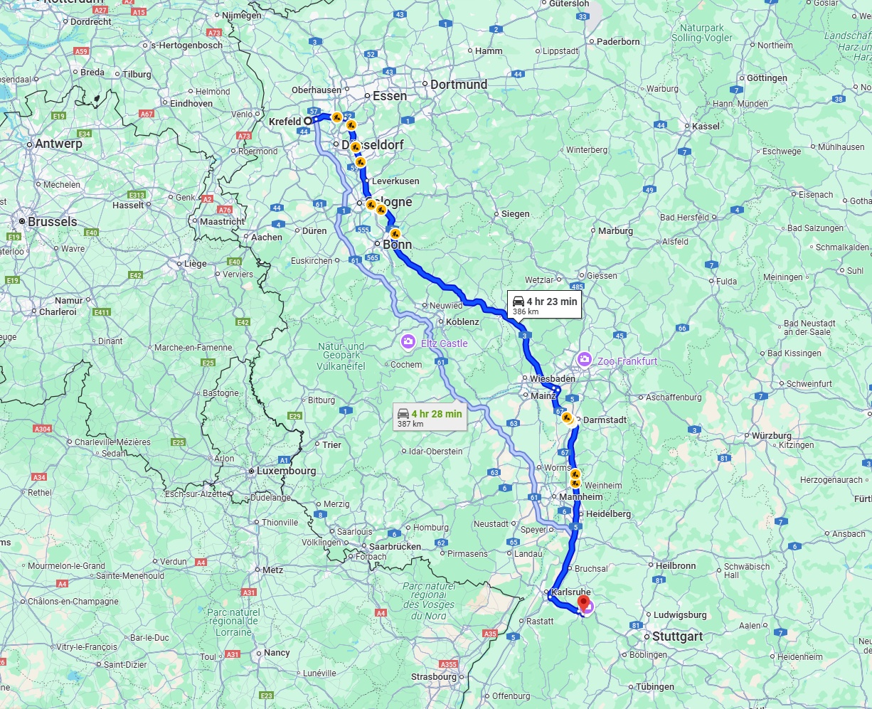 Anreise von Krefeld Zu Pforzheim Über via A3 and A5