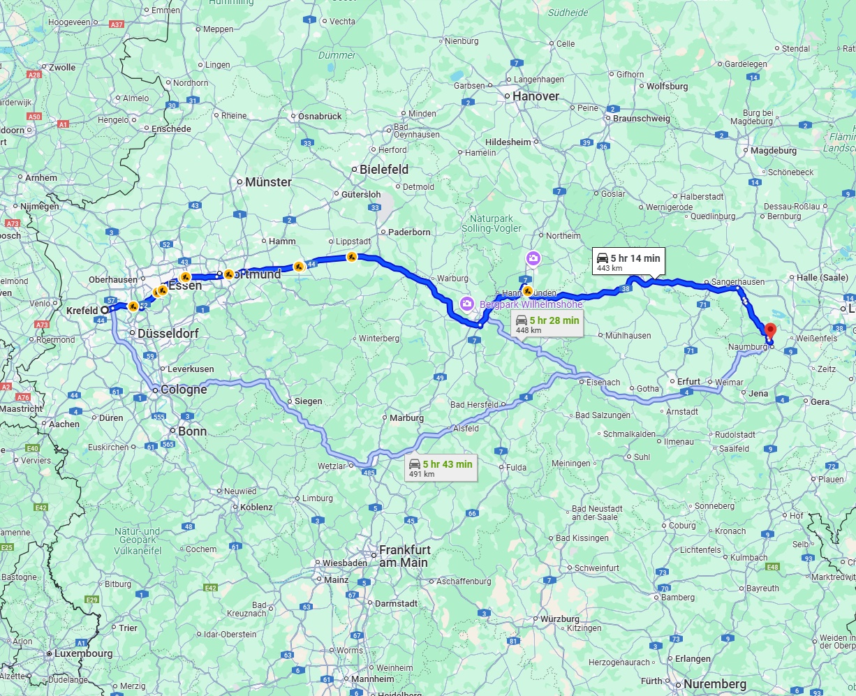 Anreise von Krefeld Zu Saale Über via A44 and A38