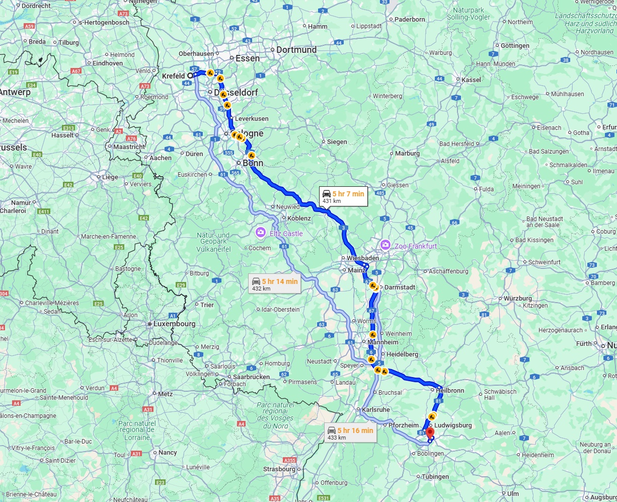 Anreise von Krefeld Zu Stuttgart Über via A3