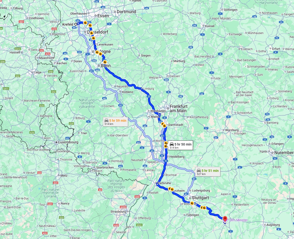 Anreise von Krefeld Zu Ulm Über via A3 and A8
